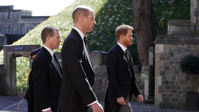 Peter Phillips, Prince William, Duke of Cambridge and Prince Harry, Duke of Sussex during the Ceremonial Procession during the funeral of Prince Philip, Duke of Edinburgh at Windsor Castle on April 17. Picture: Getty