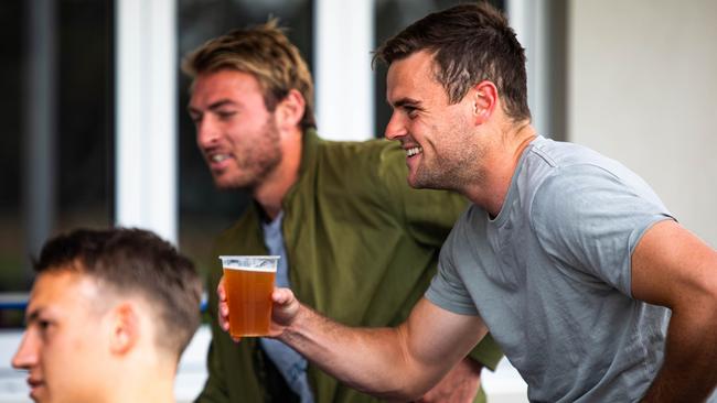 Tom Doedee, Daniel Talia and Brad Crouch at the Crows players' end of season gathering.