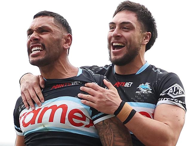 WOLLONGONG, AUSTRALIA - AUGUST 25: Jesse Ramien of the Sharks celebrates scoring a try during the round 25 NRL match between St George Illawarra Dragons and Cronulla Sharks at WIN Stadium, on August 25, 2024, in Wollongong, Australia. (Photo by Mark Metcalfe/Getty Images)