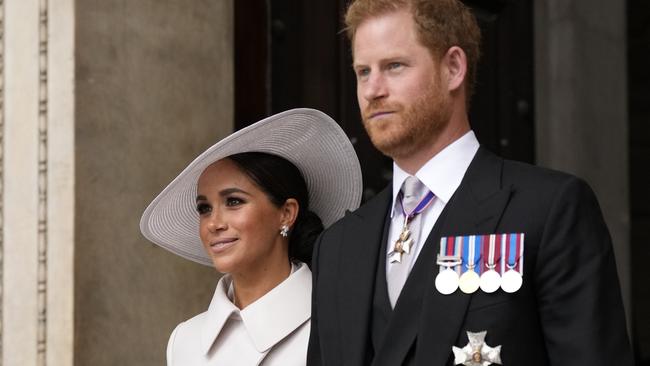 Harry and Meghan leave after a service of thanksgiving for the reign of Queen Elizabeth II at St Paul's Cathedral in June. Picture; Getty Images.