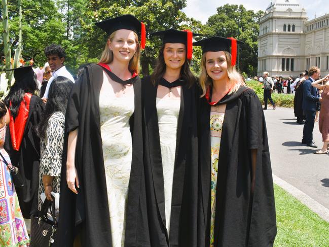 MD Doctor of Medicine graduates: Dr Clare Langley, Dr Tahra Murtagh and Dr Anna Baylis at the University of Melbourne graduations held at the Royal Exhibition Building on Saturday, December 7, 2024. Picture: Jack Colantuono