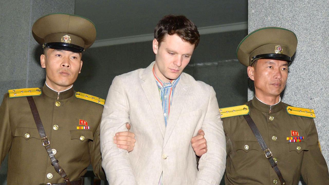 Otto Warmbier was arrested in 2016 for taking a poster. He later died after being returned to the US in 2017 in a coma. Picture: AP