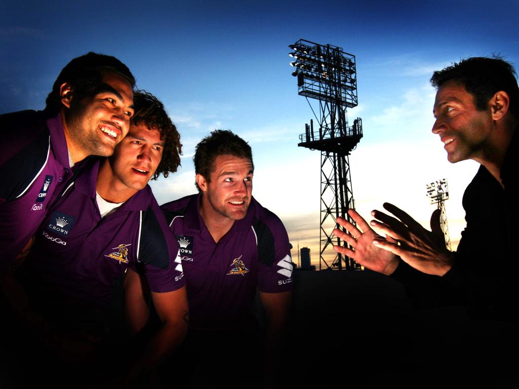 Jordan Belfort motivates Melbourne Storm players Adam Blair, Kevin Proctor and Anthony Quinn.