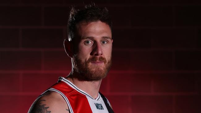 MELBOURNE, AUSTRALIA - AUGUST 31: Tim Membrey of the Saints poses during a St Kilda Saints AFL media session at RSEA Park on August 31, 2023 in Melbourne, Australia. (Photo by Robert Cianflone/Getty Images)