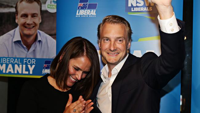 Manly's new member for parliament James Griffin and his wife celebrate at his election party held at Manly Surf club. Adam Yip/ The Manly Daily