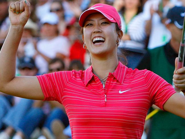 Golfer Michelle Wie reacts after winning the Lorena Ochoa Invitational Presented by Banamex and Corona at Guadalajara Country Club in Guadalajara, Mexico, 15/11/2009.