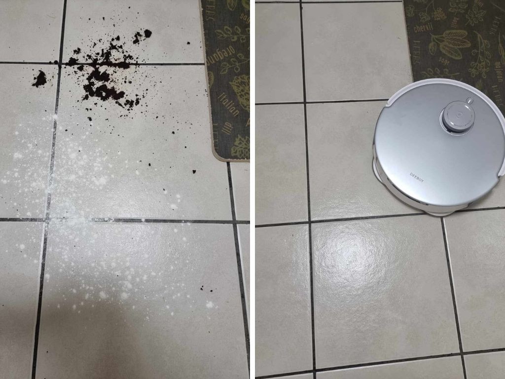 Tiles before (left) and after (right) mopping up coffee grounds and flour. Picture: news.com.au/Tahnee-Jae Lopez-Vito.