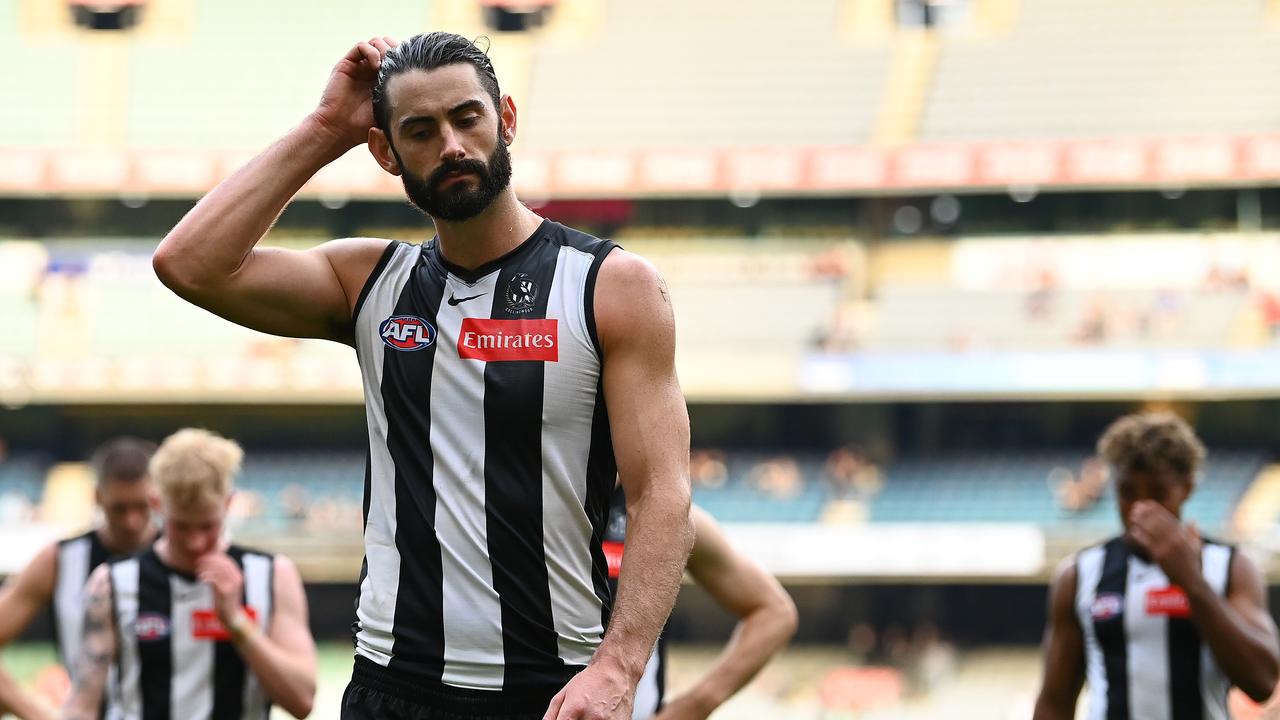 Brodie Grundy has been the top ruckman in the competition since Round 2, but Collingwood’s engine room has still struggled for centre clearances. Picture: Quinn Rooney/Getty Images