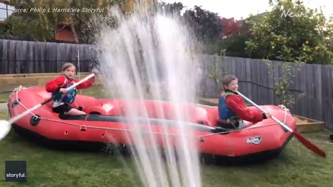 Kids go 'whitewater rafting' in their backyard