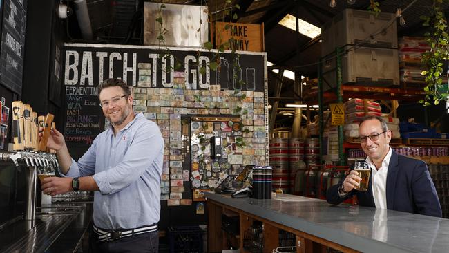 Batch Brewing Company owner Andrew Fineran (left) and Clubs NSW CEO Josh Landis are calling for Australia to celebrate Freedom Day with a free beer. Picture: Jonathan Ng