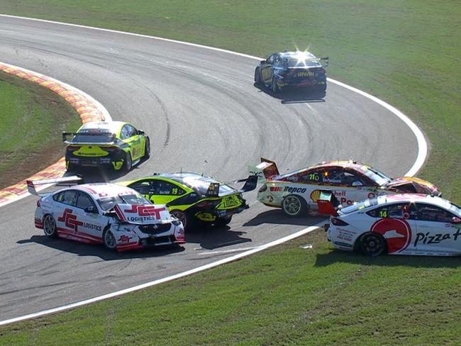 Hidden Valley Raceway was left strewn with twisted metal after six cars were taken out in an opening-lap smash-up. The race was stopped and emergency workers scurried into action after Anton de Pasquale was sent into a horrifying spin when he was battered from behind while locked in a fight for first at the Supercars in Darwin