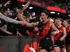 MELBOURNE, AUSTRALIA - MAY 11: Jye Caldwell of the Bombers celebrates with fans after winning  the round nine AFL match between Essendon Bombers and Greater Western Sydney Giants at Marvel Stadium, on May 11, 2024, in Melbourne, Australia. (Photo by Daniel Pockett/AFL Photos/via Getty Images)