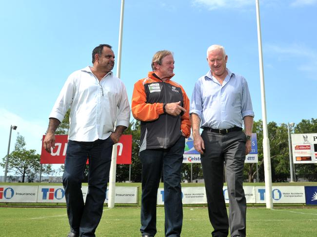 GWS coach Kevin Sheedy gets a look at the site of the Michael Long Leadership centre at Marrara Stadium with Michael Long and Tony Frawley.