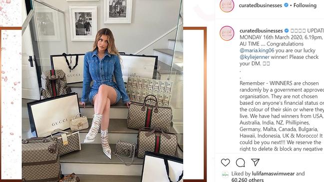 Kylie Jenner running a designer giveaway through Curated Businesses, which runs its lotteries lawfully.