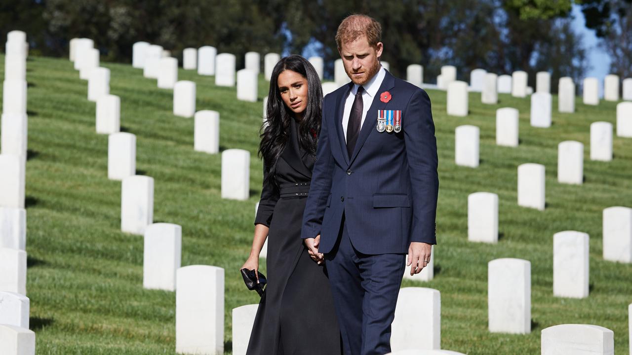 It’s said the Netflix deal will include a doco that will delve into the personal lives of Meghan and Harry, seen here on Remembrance Sunday. Picture: Lee Morgan/Handout via Getty Images.