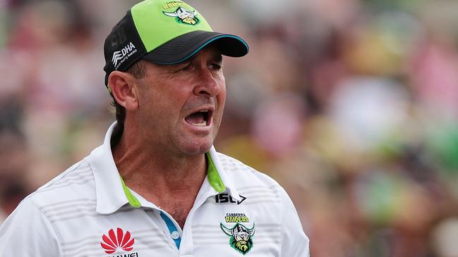 CANBERRA, AUSTRALIA - MARCH 05: Raiders Coach Ricky Stuart watches on during the round one NRL match between the Canberra Raiders and the Penrith Panthers at GIO Stadium on March 5, 2016 in Canberra, Australia. (Photo by Stefan Postles/Getty Images)
