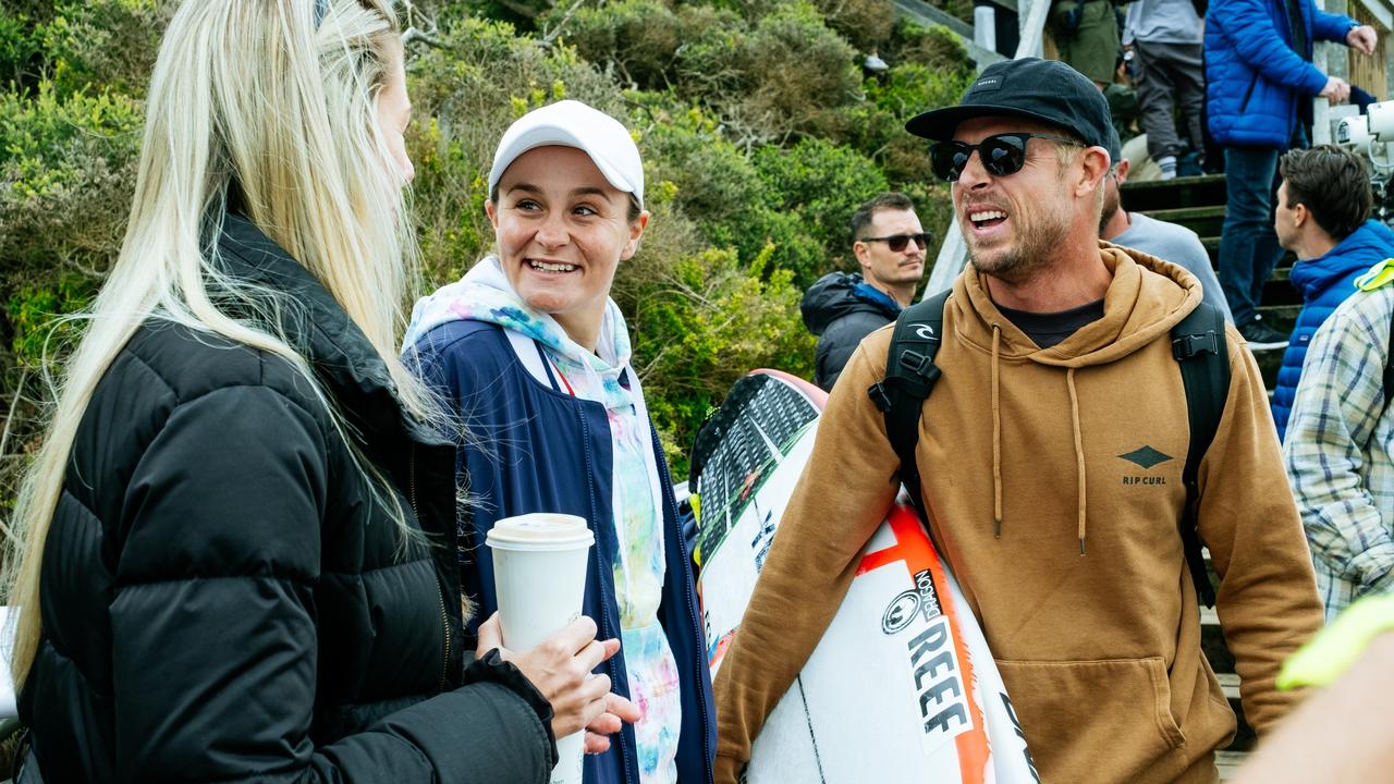 Ash Barty and Mick Fanning at the Rip Curl Pro Bells Beach on April 12, 2022 at Bells Beach, Victoria, Australia. Photo: Aaron Hughes/World Surf League