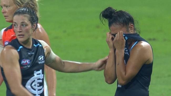 Darcy Vescio sheds tears after the final siren.