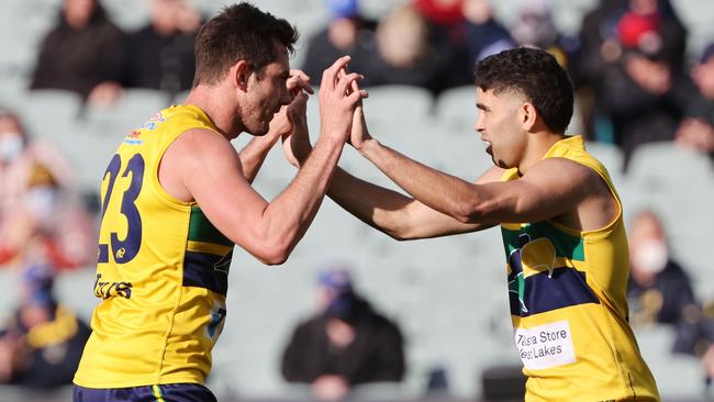 Tyson Stengle celebrates a goal in the SANFL qualifying final. Picture: SANFL Images