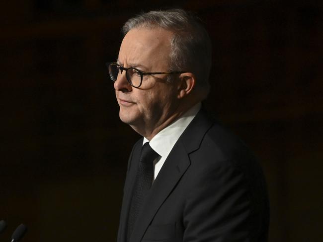 CANBERRA, AUSTRALIA - SEPTEMBER 22: Prime Minister Anthony Albanese during the National Memorial Service for Queen Elizabeth II at Parliament House on September 22, 2022 in Canberra, Australia. Queen Elizabeth II died at Balmoral Castle in Scotland aged 96 on September 8, 2022. Her funeral was held at Westminster Abbey in London on September 19, 2022. Elizabeth Alexandra Mary Windsor was born in Bruton Street, Mayfair, London on 21 April 1926. She married Prince Philip in 1947 and acceded the throne of the United Kingdom and Commonwealth on 6 February 1952 after the death of her Father, King George VI. Queen Elizabeth II was the United Kingdom's longest-serving monarch. (Photo by Martin Ollman/Getty Images)