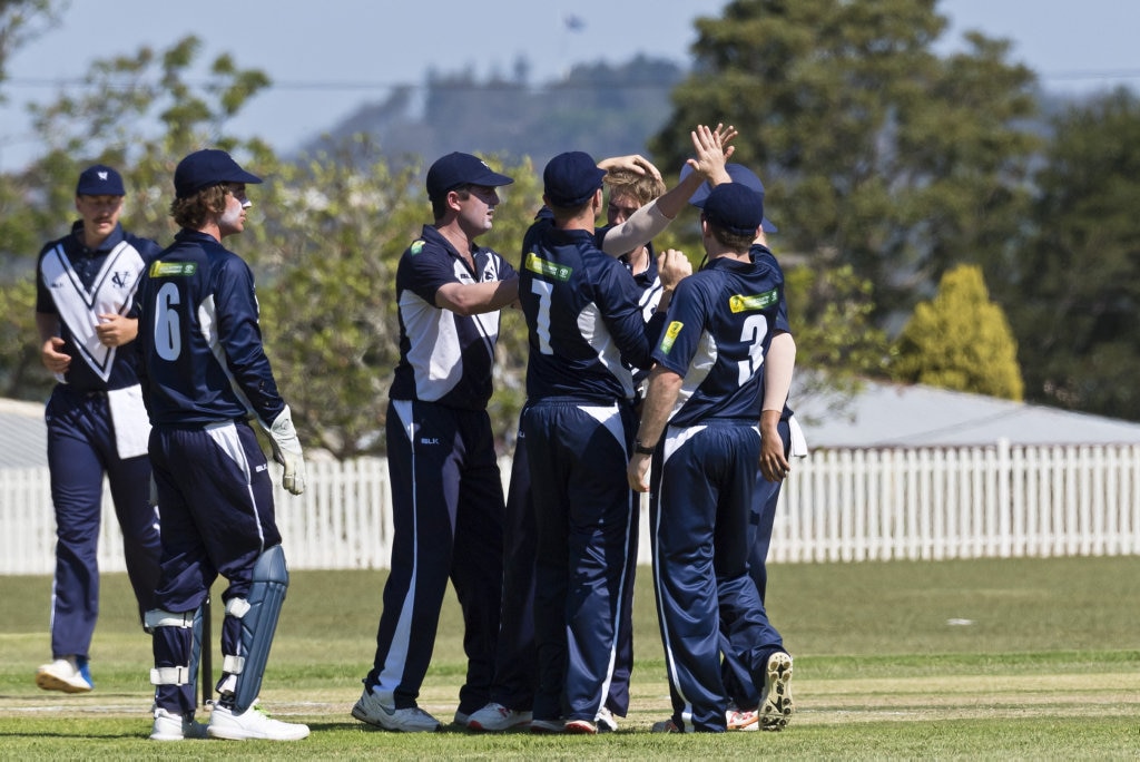 Victoria celebrate a Queensland wicket in Australian Country Cricket Championships round two at Rockville Oval, Friday, January 3, 2020. Picture: Kevin Farmer