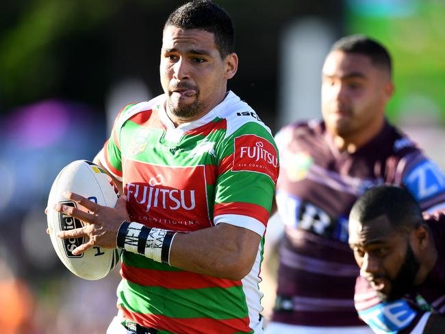 Cody Walker of the Rabbitohs makes a break during the Round 2 NRL match between the Manly-Warringah Sea Eagles and the South Sydney Rabbitohs at Lottoland in Sydney, Saturday, March 11, 2017. (AAP Image/Dan Himbrechts) NO ARCHIVING, EDITORIAL USE ONLY