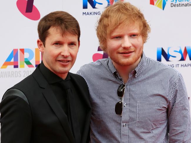 James Blunt and Ed Sheeran at the 2015 Aria Awards held at The Star in Pyrmont. Picture: Christian Gilles