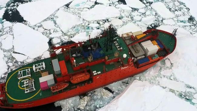 UAV (drone) photo of Aurora Australis in ice. Photo:Australian Antarctic Division