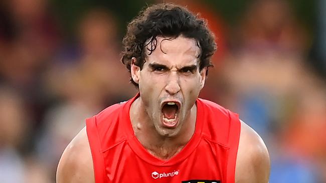 GOLD COAST, AUSTRALIA - JULY 29: Ben King of the Suns celebrates kicking a goal during the round 20 AFL match between Gold Coast Suns and Brisbane Lions at Heritage Bank Stadium, on July 29, 2023, in Gold Coast, Australia. (Photo by Albert Perez/AFL Photos via Getty Images)