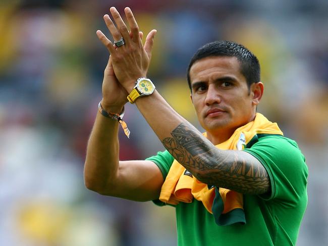 Tim Cahill thanks the fans after Australia went down to Spain 3-0 in the World Cup. Picture: Ian Walton/Getty Images