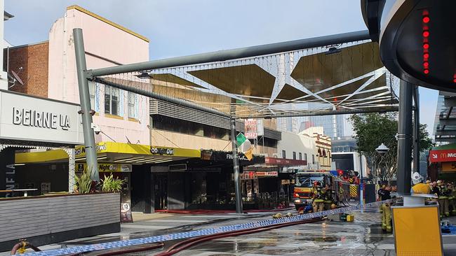 Emergency services on scene in the Fortitude Valley mall following a fire at a nightclub. Picture: Nathan Edwards