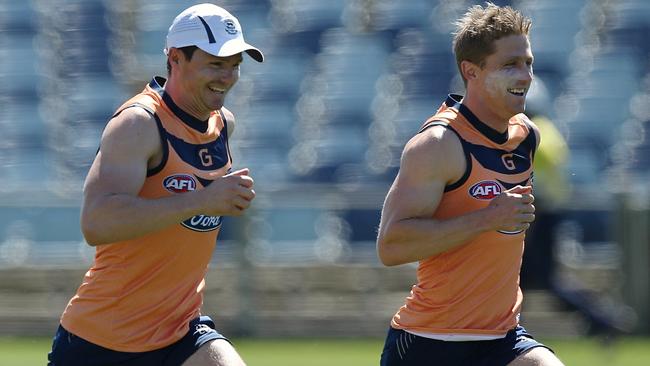 Patrick Dangerfield and Scott Selwood at Geelong training. Picture: Wayne Ludbey