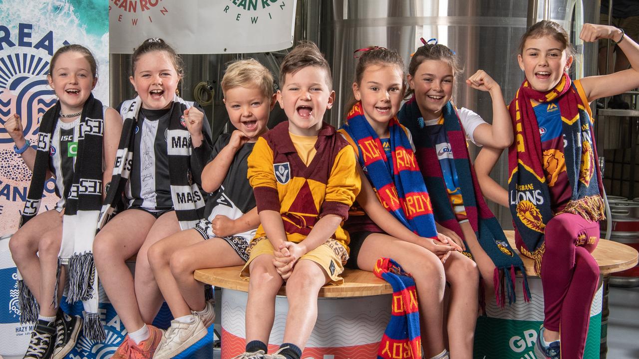 Grand Final footy fans Grace, Ruby, Jack and Charlie Ranger alongside Summer, Ella and Chloe Shortal. Picture: Brad Fleet