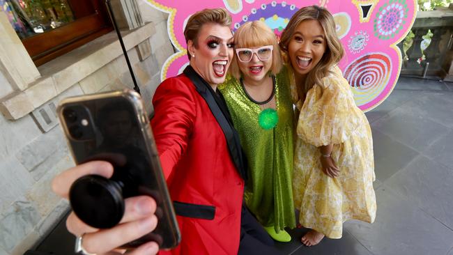 Heather Croall, Adelaide Fringe director and CEO, with Fringe ambassadors Reuben Kaye and Diana Nguyen at the Adelaide Fringe 2022 program official launch. Picture: Kelly Barnes