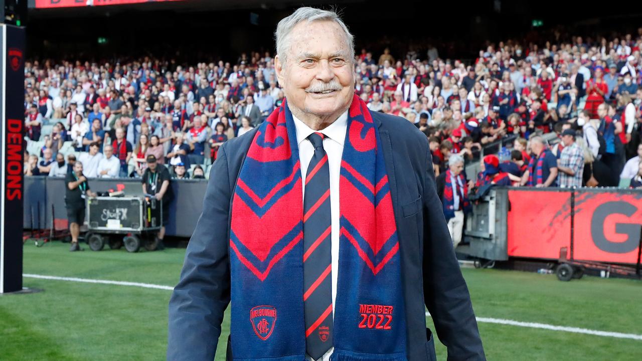 MELBOURNE, AUSTRALIA - MARCH 16: Ron Barassi is seen during the 2022 AFL Round 01 match between the Melbourne Demons and the Western Bulldogs at the Melbourne Cricket Ground on March 16, 2022 In Melbourne, Australia. (Photo by Michael Willson/AFL Photos via Getty Images)