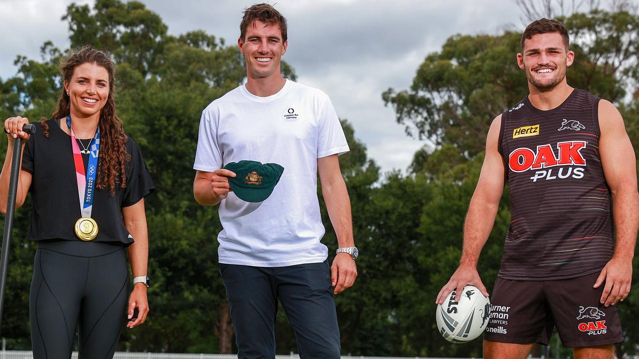 Olympian Jess Fox, Australian Test Cricket captain Pat Cummins and Penrith Panthers skipper Nathan Cleary are helping out with their hometown’s stadium plan. Picture: Justin Lloyd.