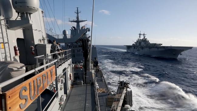 The USS Essex and HMAS Supply conduct a replenishment exercise during the Rim of the Pacific Exercise in 2022. Picture: Royal Australian Navy