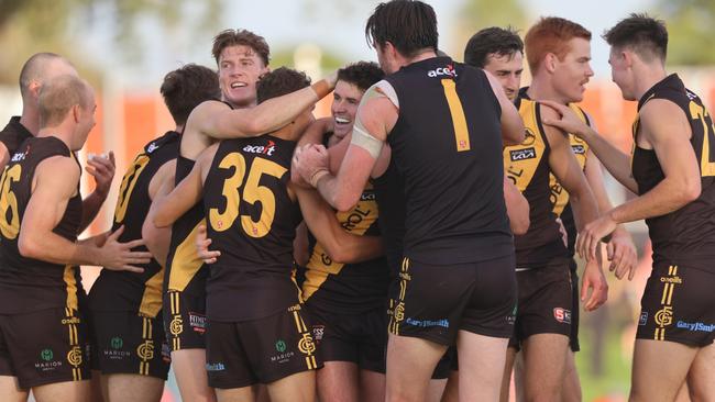 Glenelg players celebrate a goal from Brad McCarthy against North Adelaide. Picture: Cory Sutton.