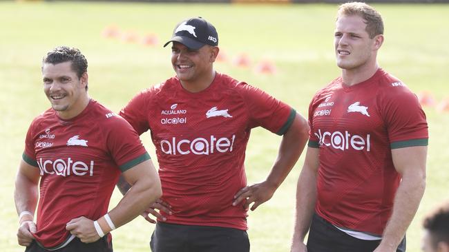 Latrell Mitchell with James Roberts and George Burgess. Picture: Dylan Robinson