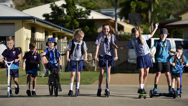 (L-R) Boston Woods, 8, Grayson Woods, 7, Lincoln Carter, 11, Reese Achilles, 7, Harmonee Steel, 13, Peyton Achilles, 9, Mason Hodges, 8 and Zanda Hodges, 5. School children across Townsville are gearing up to head back to school on Monday. PICTURE: MATT TAYLOR.