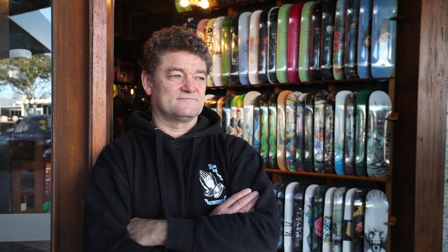 Concrete Lines Skate Shop owner, Les Graue, is opening up on the growing crime in the area. On Wednesday he was attacked by an alleged group of teens for the second time since March. Les Graue in front of the shop at Coolangatta. Picture Glenn Hampson.