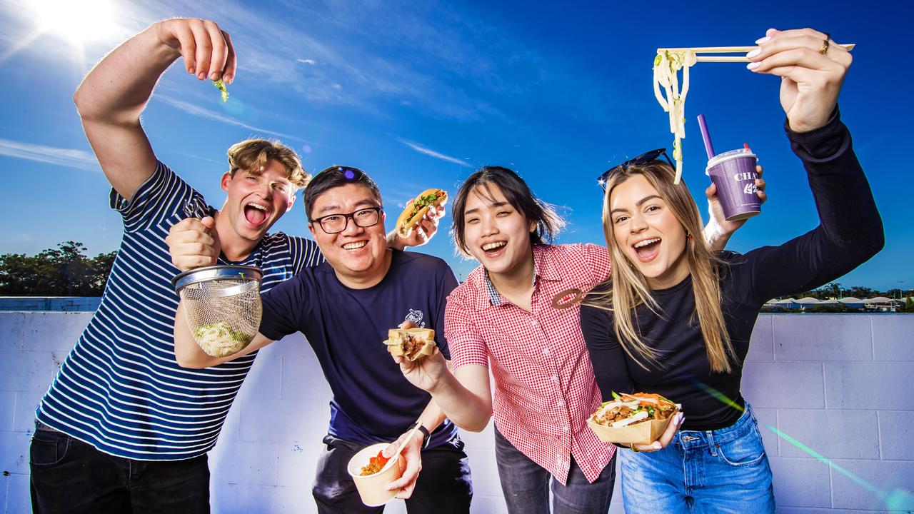 Lachlan Amos, Jimmy Oh (Udonya Tokoton), Magdalene Loh (Hot Cake House) and Lulu Davidson get ready to celebrate The Sunnybank Food Trail this July. Picture: Nigel Hallett