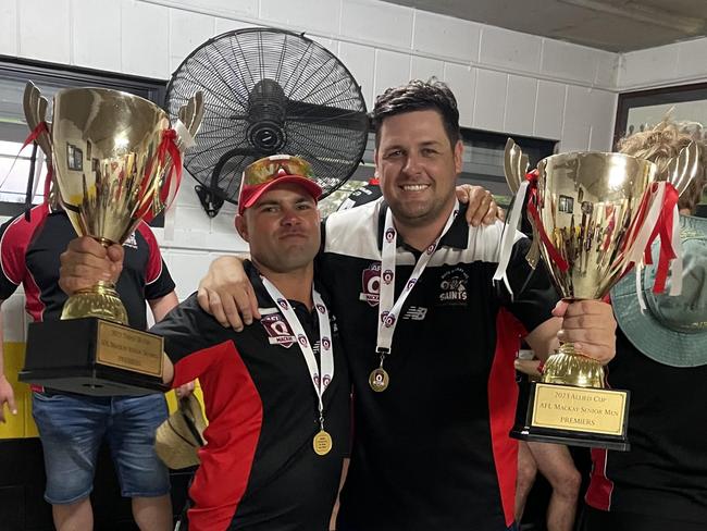 North Mackay Saints women's coach Mark Gallagher (left) and Chayse Tilley (right) celebrating their premiership success. Picture: Supplied.