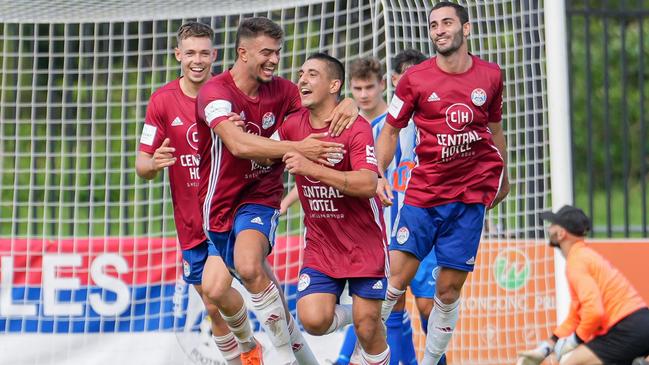 Albion Park White Eagles celebrating a goal. Picture: Gragrapix