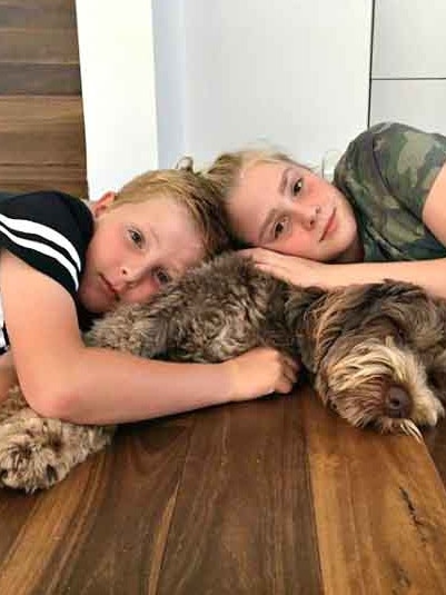 Gardner’s children Angus and Bronte with dog Wilbur last year. (Picture: Instagram)