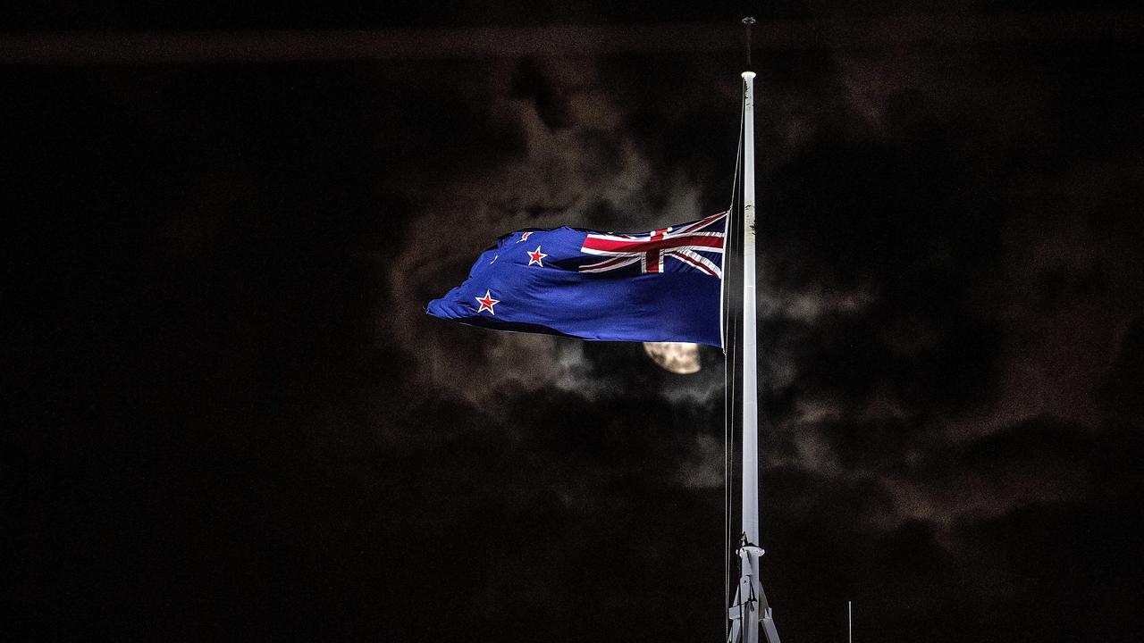 The New Zealand national flag is flown at half-mast on parliament in Wellington. Picture: AFP