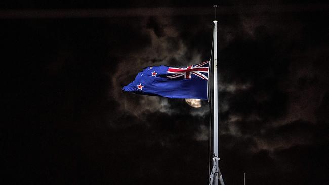 The New Zealand national flag is flown at half-mast on parliament in Wellington. Picture: AFP