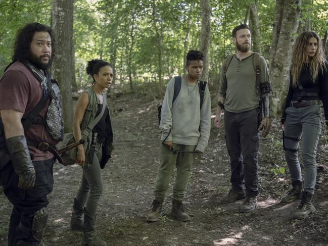 Cooper Andrews, Ross Marquand, Lauren Ridloff, Angel Theory, and Nadia Hilker in a scene from The Walking Dead. Picture: Supplied by Foxtel