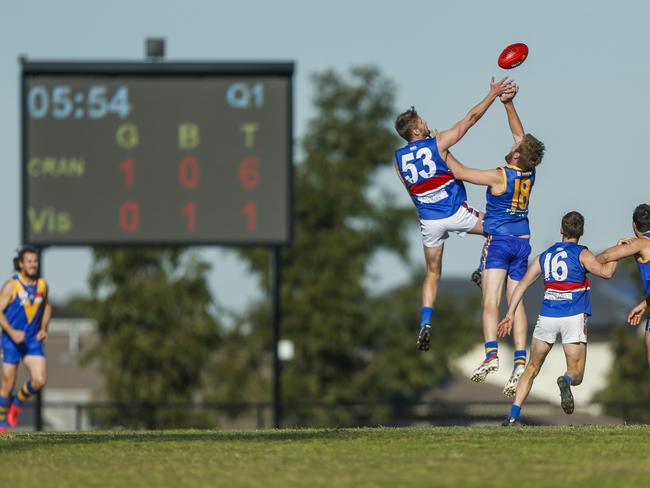 Wandin ruckman Thomas Leech-Hines goes up against Cranbourne’s Troy Tharle.