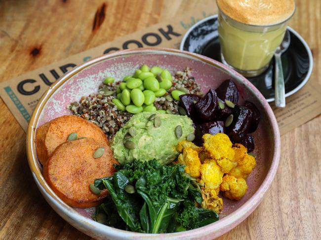 The Power Veg Bowl with a turmeric latte. Picture: Jenifer Jagielski